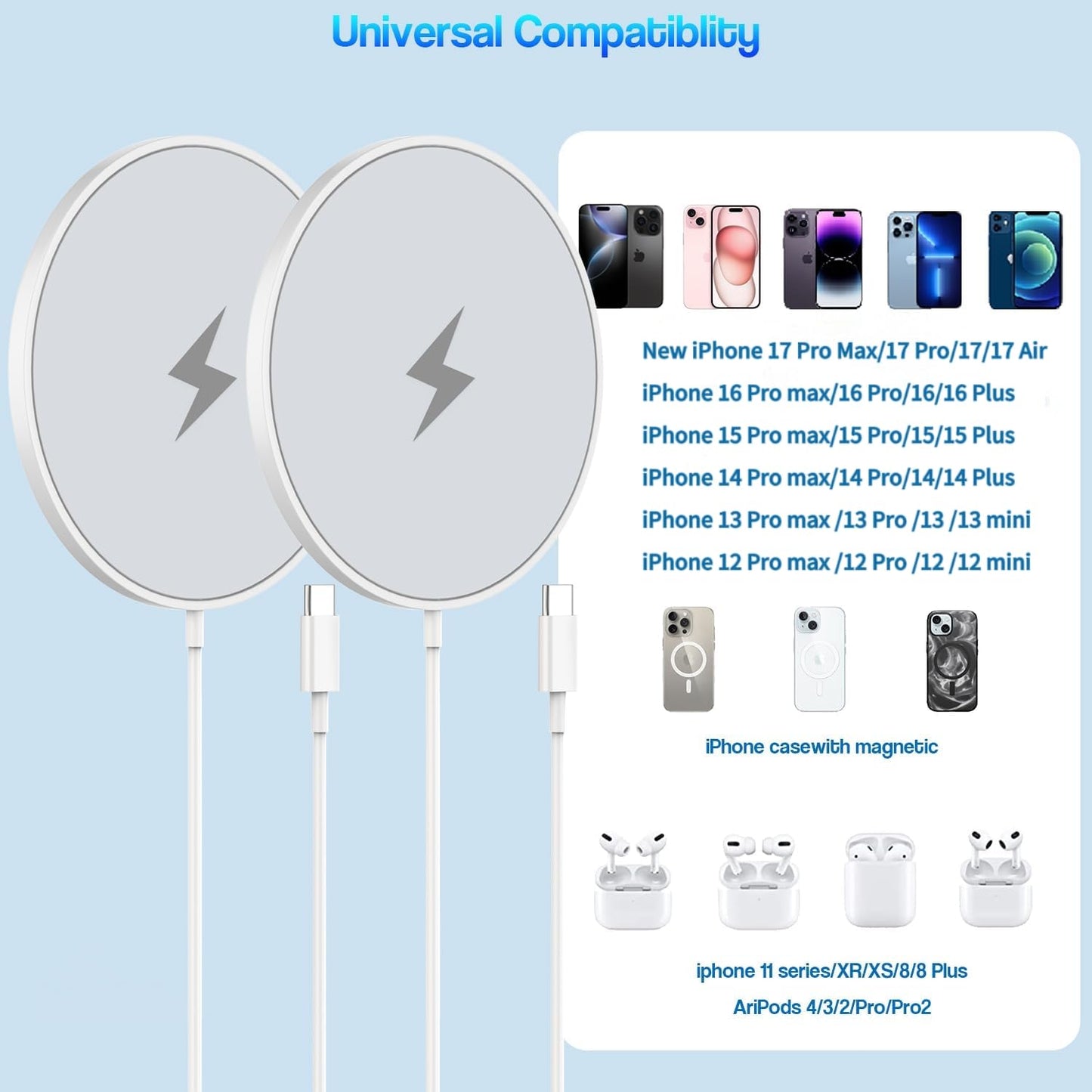 Magnetic Wireless Charger for iPhone 17 16 15,2Pack 6FT 15W Apple Fast Mag-Safe Charger with USB C Fast Charging Block for iPhone 17/17 Air/16/16 Pro/Pro Max/15/14/13/Plus/Pro/Pro Max,AirPods 3/Pro 2