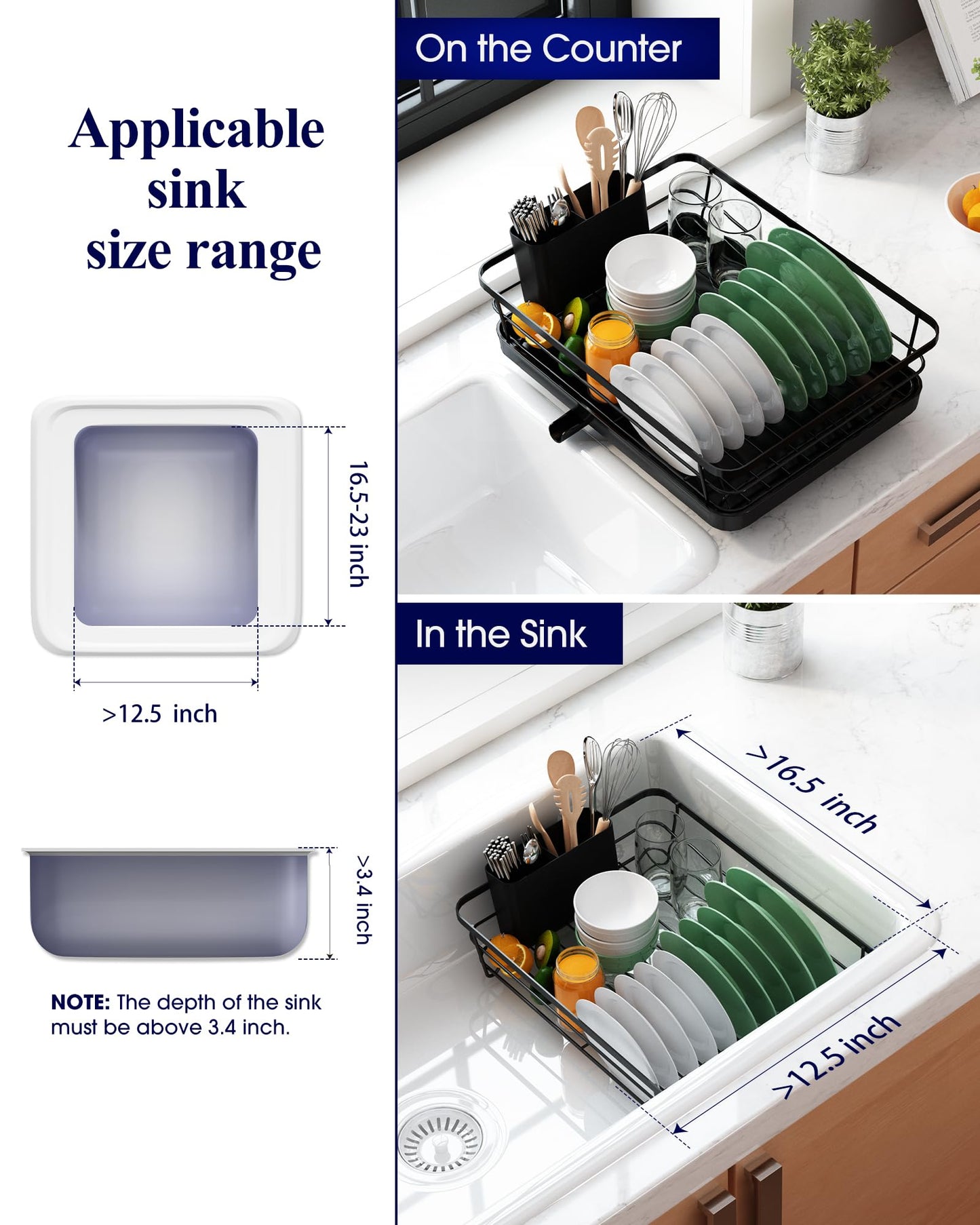 Kitsure Dish Drying Rack for Kitchen Counter, Stainless Steel Sink Organization and Storage Essentials with Cutlery Holder, Home and Appartment Decor, 12''W x 15.5''L, Black