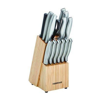 Farberware 15-Piece Stamped Stainless Steel Knife Block Set, High-Carbon Stainless Steel Kitchen Knife Set with Ergonomic Handles, Razor-Sharp Knives with Wood Block, 15-Piece Set, Bamboo