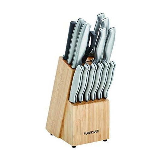 Farberware 15-Piece Stamped Stainless Steel Knife Block Set, High-Carbon Stainless Steel Kitchen Knife Set with Ergonomic Handles, Razor-Sharp Knives with Wood Block, 15-Piece Set, Bamboo