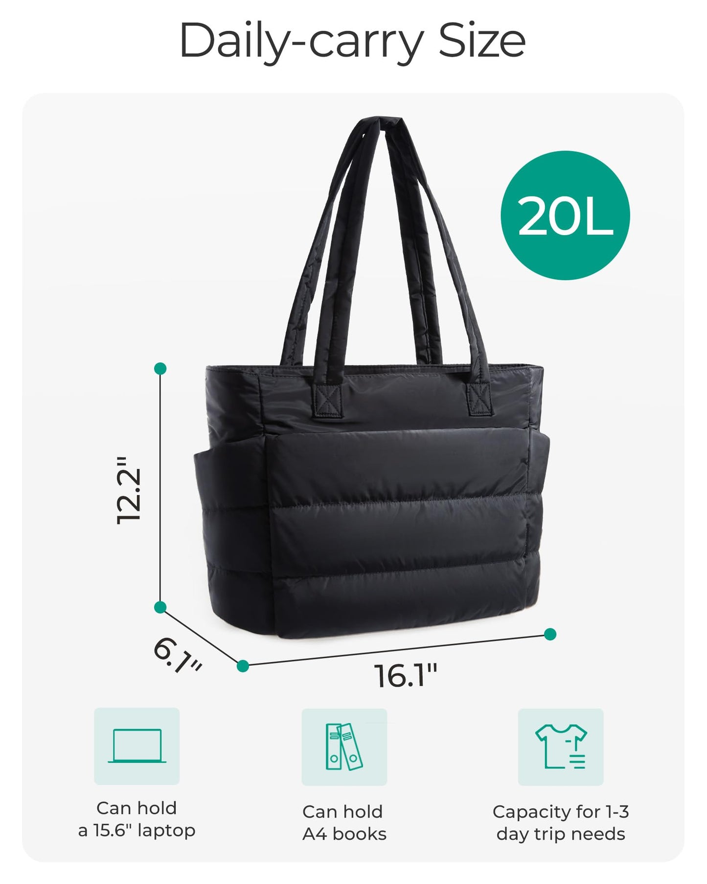 BAGSMART Tote Bag for Women, Lightweight Puffy Tote Bag with Compartments Shoulder Bag Handbag Quilted Shoulder Bag Handbag for Travel, Work, Beach, Gym, Shop (Black)