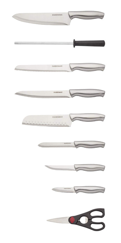 Farberware 15-Piece Stamped Stainless Steel Knife Block Set, High-Carbon Stainless Steel Kitchen Knife Set with Ergonomic Handles, Razor-Sharp Knives with Wood Block, 15-Piece Set, Bamboo
