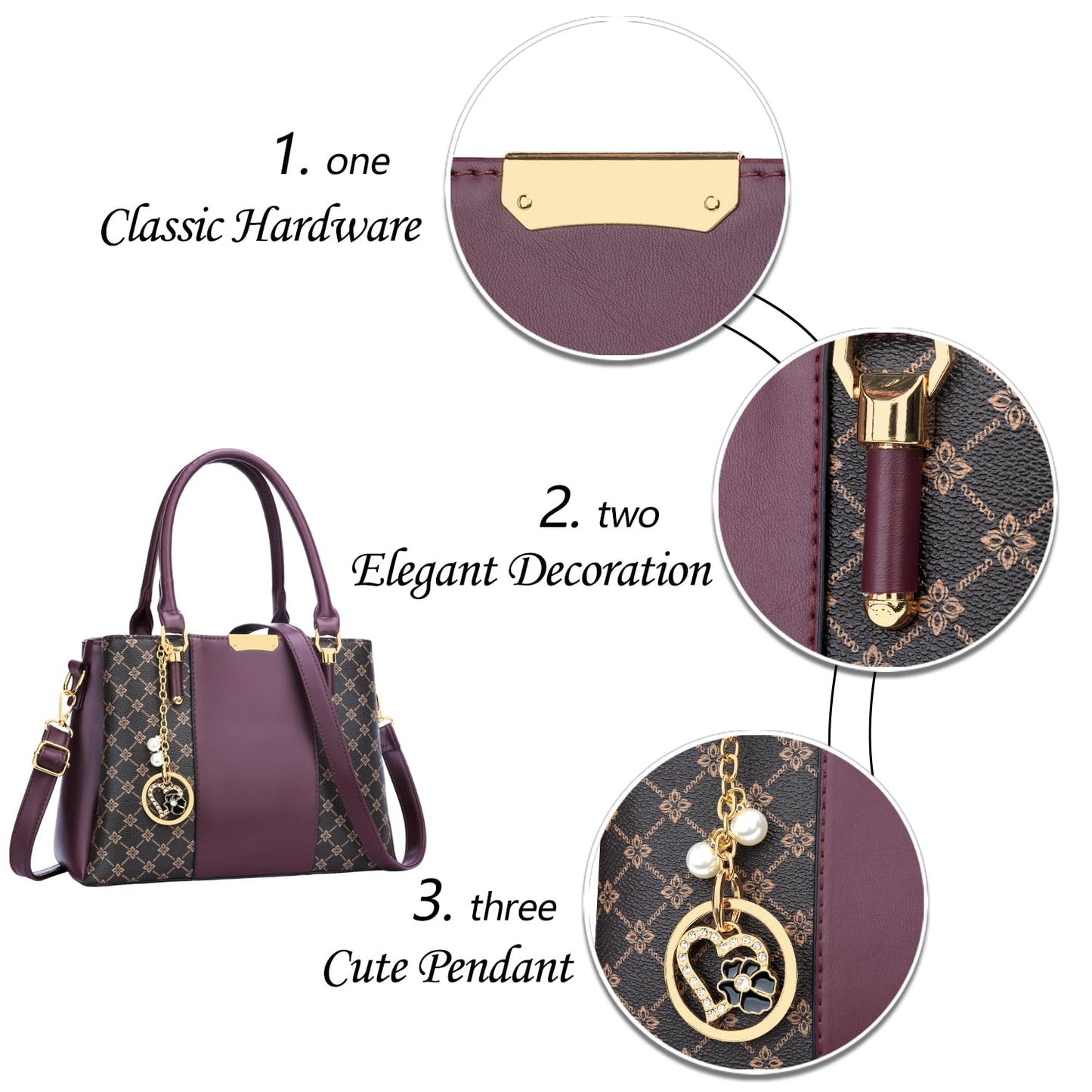 KKXIU 3 Zippered Compartments Purses and Handbags for Women Top Handle Satchel Shoulder Ladies Bags (C-wine flower pattern)