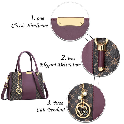 KKXIU 3 Zippered Compartments Purses and Handbags for Women Top Handle Satchel Shoulder Ladies Bags (C-wine flower pattern)