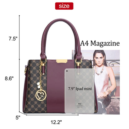 KKXIU 3 Zippered Compartments Purses and Handbags for Women Top Handle Satchel Shoulder Ladies Bags (C-wine flower pattern)