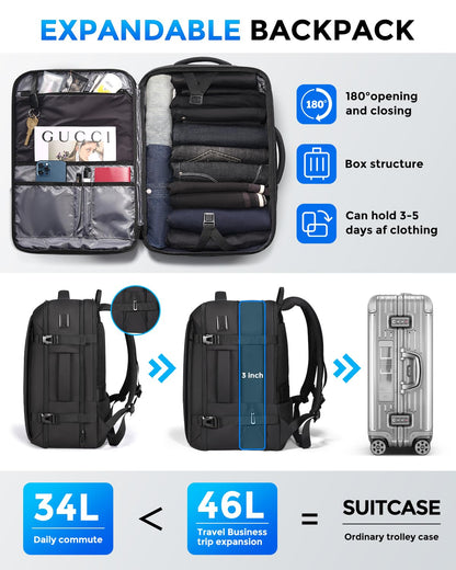 Fenree.geer Travel Backpack for Men, Flight Approved Carry On Luggage Backpack with USB Port, Water Resistant Expandable Computer Daypack, 17.3 Inch Black Business Laptop Backpack for College/Work