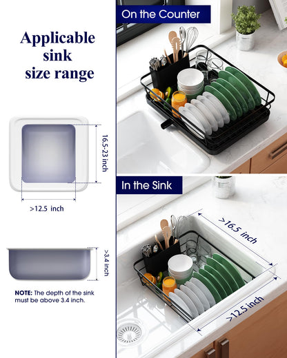 Kitsure Dish Drying Rack for Kitchen Counter, Stainless Steel Sink Organization and Storage Essentials with Cutlery Holder, Home and Appartment Decor, 12''W x 15.5''L, Black