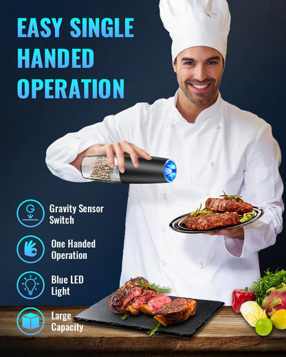XinXu Gravity Electric Pepper and Salt Grinder Set, Adjustable Coarseness, Battery Powered with LED Light, One Hand Automatic Operation, Black -2 Pack