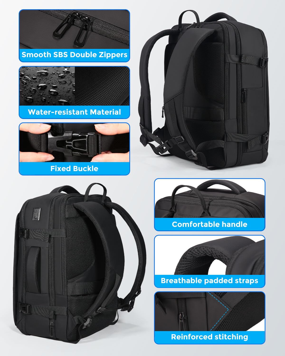 Fenree.geer Travel Backpack for Men, Flight Approved Carry On Luggage Backpack with USB Port, Water Resistant Expandable Computer Daypack, 17.3 Inch Black Business Laptop Backpack for College/Work