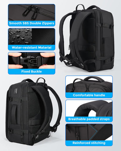 Fenree.geer Travel Backpack for Men, Flight Approved Carry On Luggage Backpack with USB Port, Water Resistant Expandable Computer Daypack, 17.3 Inch Black Business Laptop Backpack for College/Work