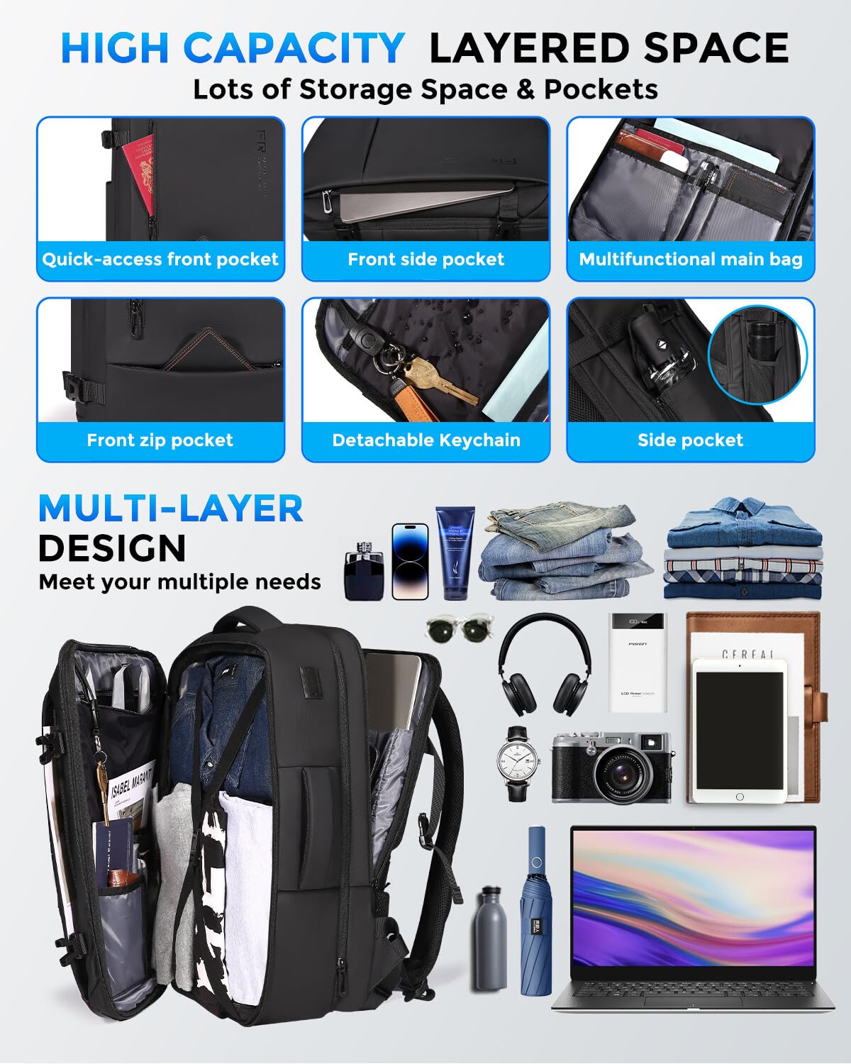 Fenree.geer Travel Backpack for Men, Flight Approved Carry On Luggage Backpack with USB Port, Water Resistant Expandable Computer Daypack, 17.3 Inch Black Business Laptop Backpack for College/Work