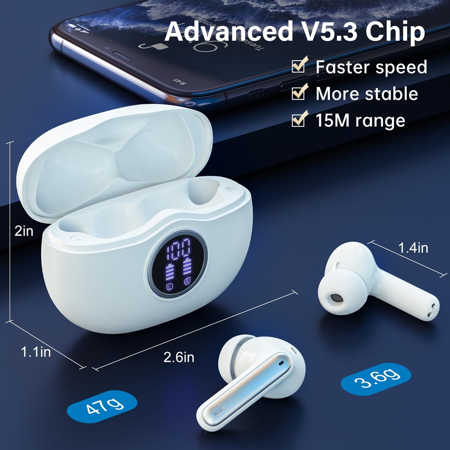 Sisism A10 Pro Wireless Earbuds, Bluetooth 5.3 Headphones HiFi Stereo 50H Playback LED Digital Display Ear Buds with ENC Noise Canceling Headset, IPX7 Waterproof Earphones for Gym/Running/Work