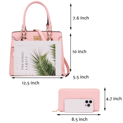 Qiyuer Women Purses And Handbags Set Ladies Top Handle Satchel Tote Shoulder Work Bag With Matching Clutch Wallet 2PCS Pink