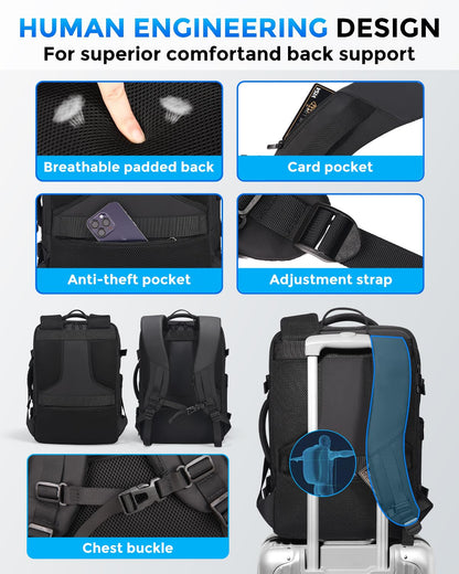 Fenree.geer Travel Backpack for Men, Flight Approved Carry On Luggage Backpack with USB Port, Water Resistant Expandable Computer Daypack, 17.3 Inch Black Business Laptop Backpack for College/Work