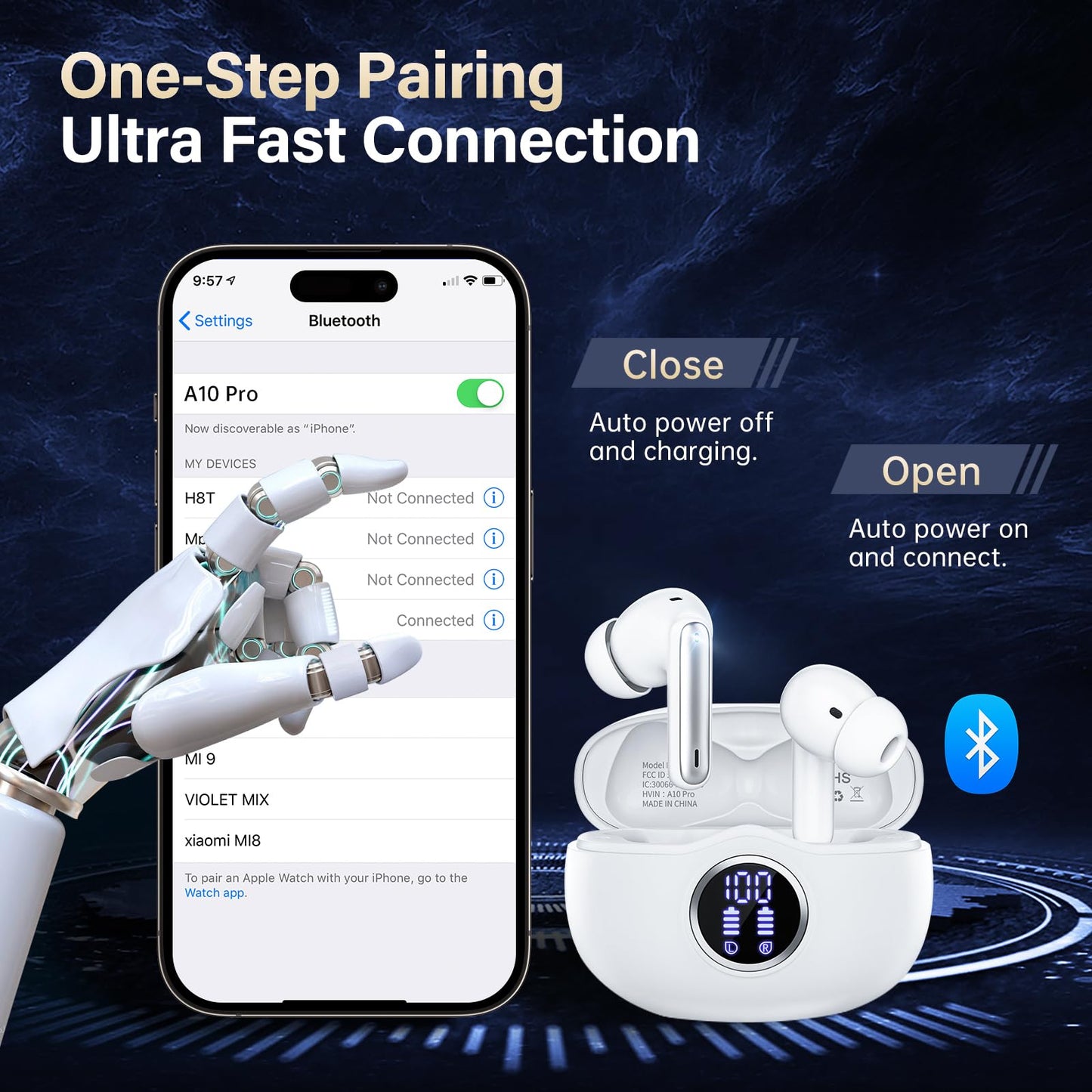 Sisism A10 Pro Wireless Earbuds, Bluetooth 5.3 Headphones HiFi Stereo 50H Playback LED Digital Display Ear Buds with ENC Noise Canceling Headset, IPX7 Waterproof Earphones for Gym/Running/Work