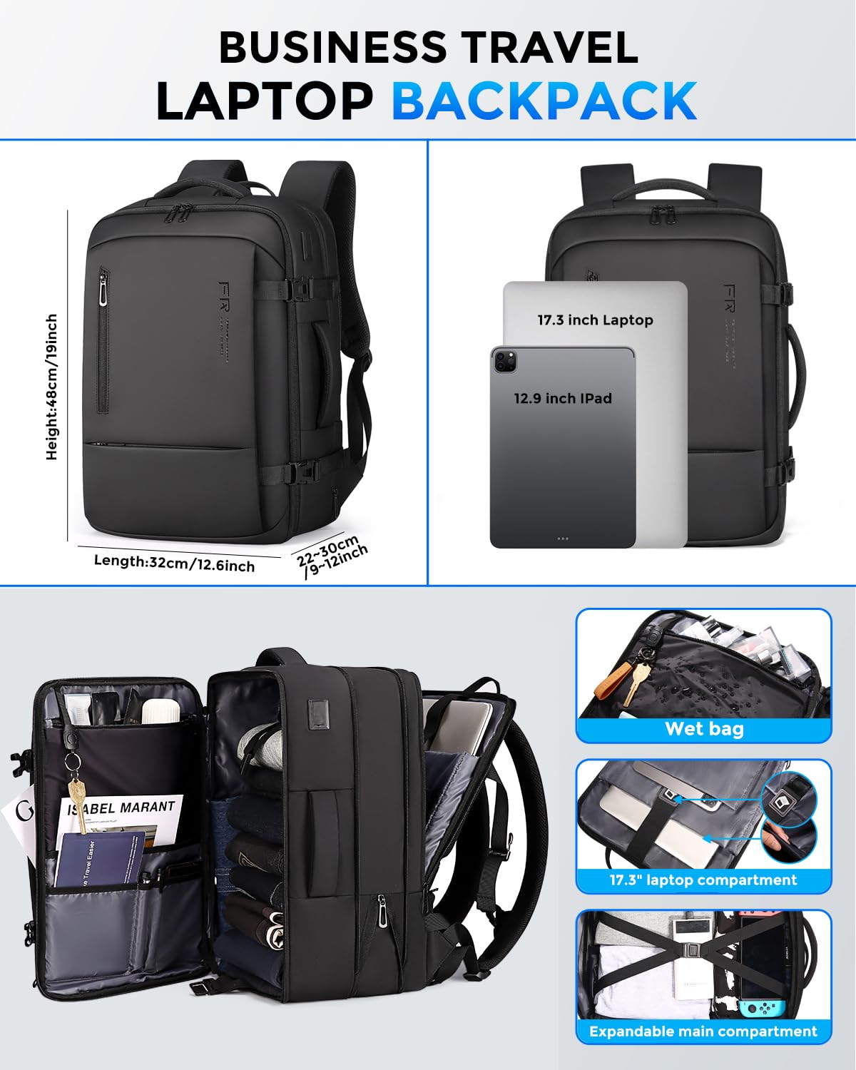 Fenree.geer Travel Backpack for Men, Flight Approved Carry On Luggage Backpack with USB Port, Water Resistant Expandable Computer Daypack, 17.3 Inch Black Business Laptop Backpack for College/Work