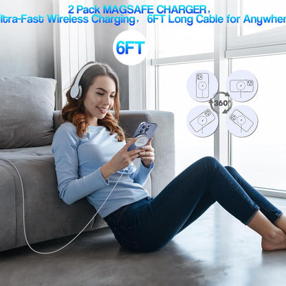 Magnetic Wireless Charger for iPhone 17 16 15,2Pack 6FT 15W Apple Fast Mag-Safe Charger with USB C Fast Charging Block for iPhone 17/17 Air/16/16 Pro/Pro Max/15/14/13/Plus/Pro/Pro Max,AirPods 3/Pro 2