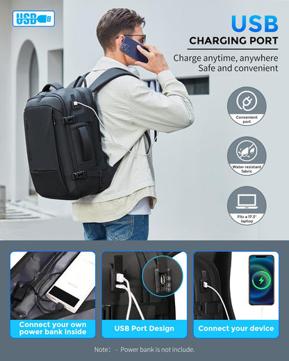 Fenree.geer Travel Backpack for Men, Flight Approved Carry On Luggage Backpack with USB Port, Water Resistant Expandable Computer Daypack, 17.3 Inch Black Business Laptop Backpack for College/Work