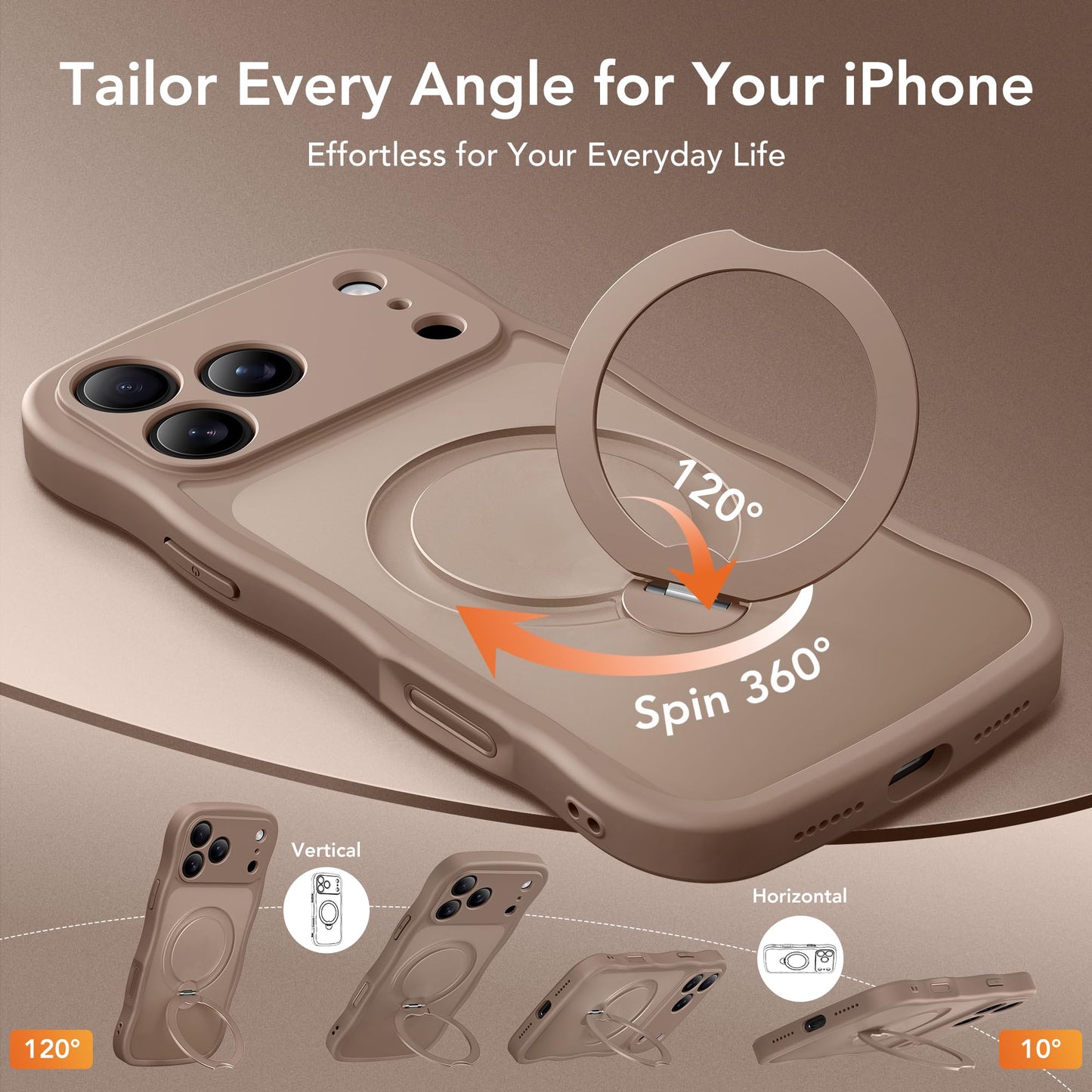 for iPhone 17 Pro Max Case for Women,[Compatible with Magsafe][360° Spin Magnetic Stand][Cute Wave Edge][Military-Grade Protection]Translucent Matte Phone Case for iPhone 17Pro Max,Withered Brown