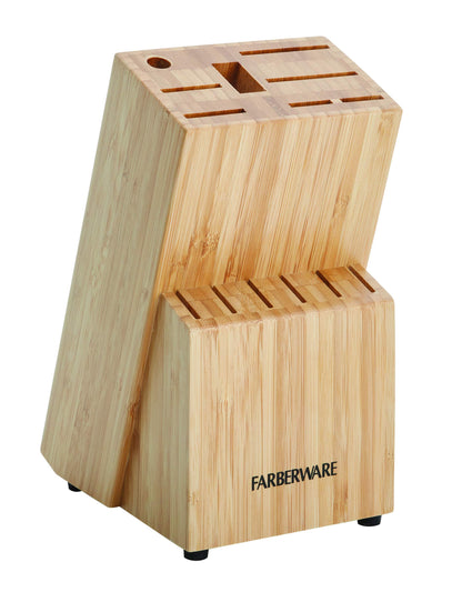 Farberware 15-Piece Stamped Stainless Steel Knife Block Set, High-Carbon Stainless Steel Kitchen Knife Set with Ergonomic Handles, Razor-Sharp Knives with Wood Block, 15-Piece Set, Bamboo