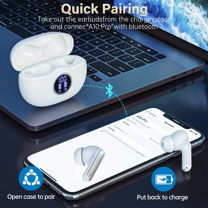 Sisism A10 Pro Wireless Earbuds, Bluetooth 5.3 Headphones HiFi Stereo 50H Playback LED Digital Display Ear Buds with ENC Noise Canceling Headset, IPX7 Waterproof Earphones for Gym/Running/Work