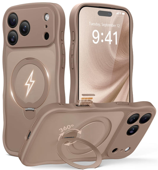 for iPhone 17 Pro Max Case for Women,[Compatible with Magsafe][360° Spin Magnetic Stand][Cute Wave Edge][Military-Grade Protection]Translucent Matte Phone Case for iPhone 17Pro Max,Withered Brown
