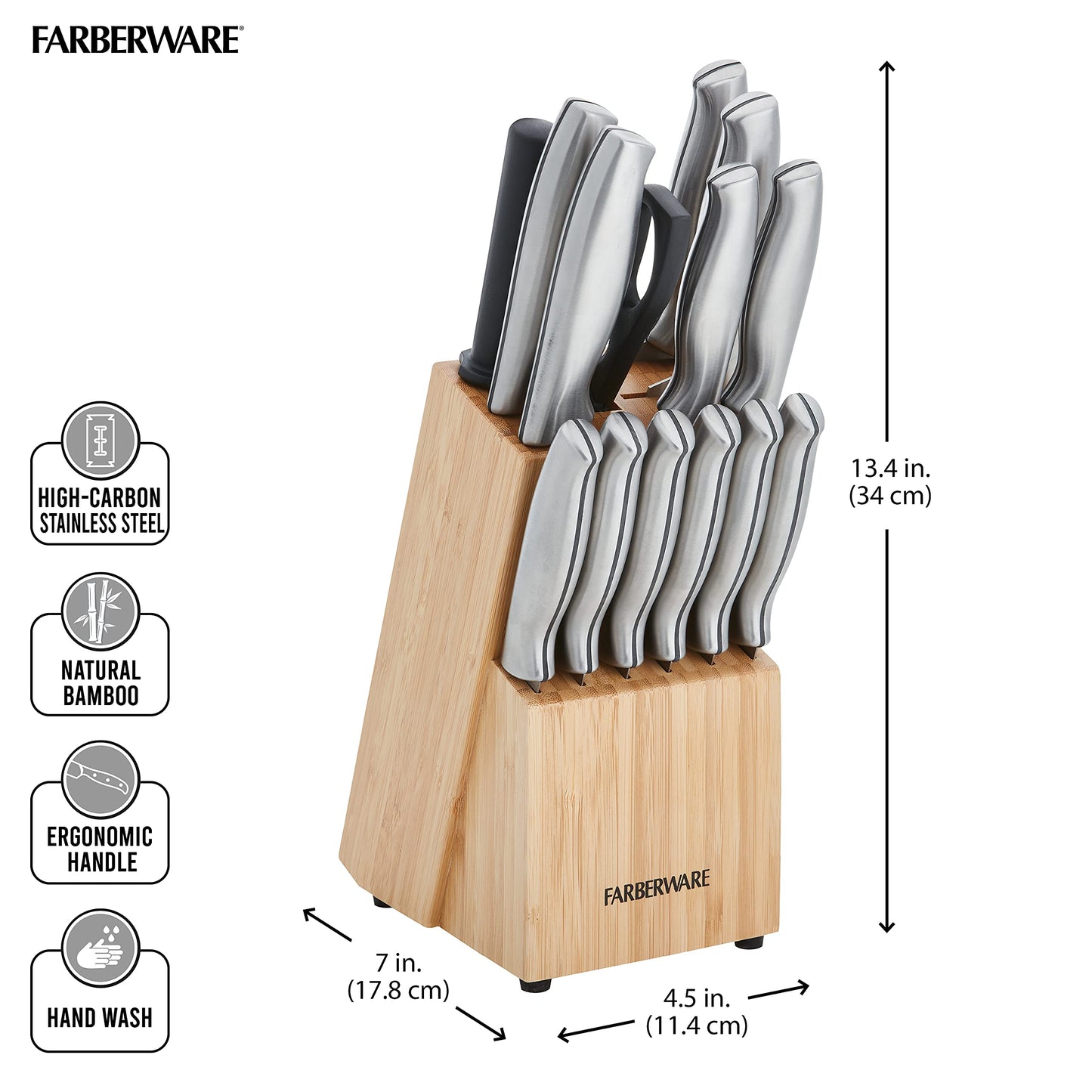 Farberware 15-Piece Stamped Stainless Steel Knife Block Set, High-Carbon Stainless Steel Kitchen Knife Set with Ergonomic Handles, Razor-Sharp Knives with Wood Block, 15-Piece Set, Bamboo