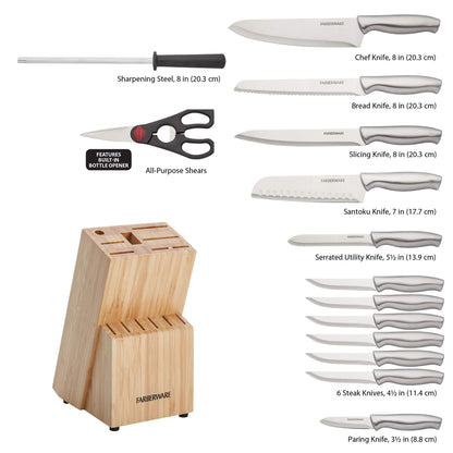 Farberware 15-Piece Stamped Stainless Steel Knife Block Set, High-Carbon Stainless Steel Kitchen Knife Set with Ergonomic Handles, Razor-Sharp Knives with Wood Block, 15-Piece Set, Bamboo