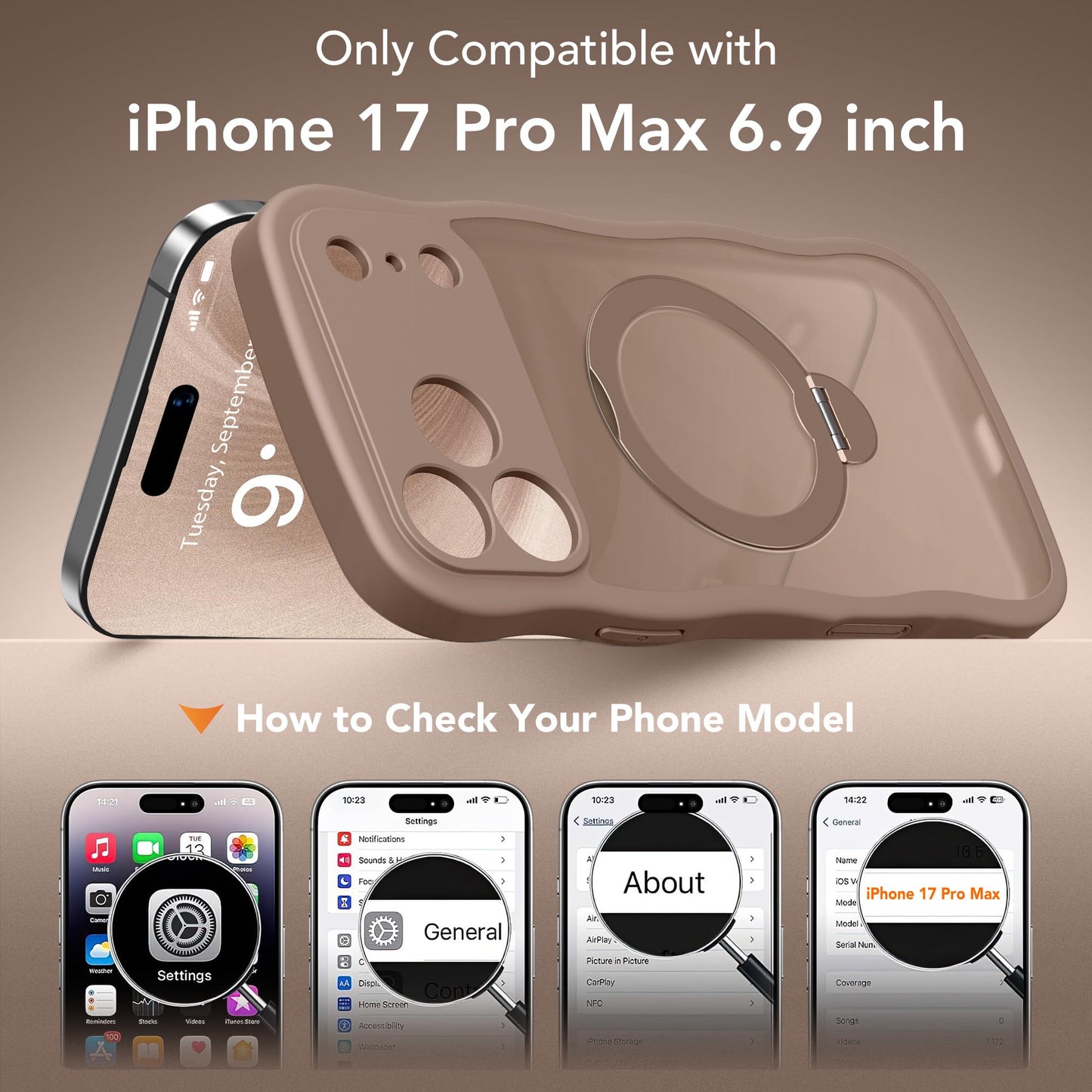 for iPhone 17 Pro Max Case for Women,[Compatible with Magsafe][360° Spin Magnetic Stand][Cute Wave Edge][Military-Grade Protection]Translucent Matte Phone Case for iPhone 17Pro Max,Withered Brown